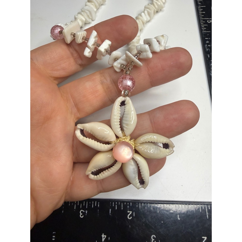 Handmade White Puka Shell Necklace Cowrie Flower Pink Bead Barrel Clasp 19"